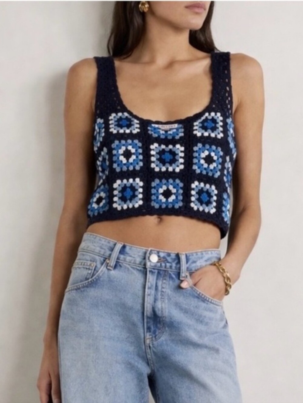 Sincerely Jules Crochet Crop Top XL Navy Blue White Granny Square Boho Festival
